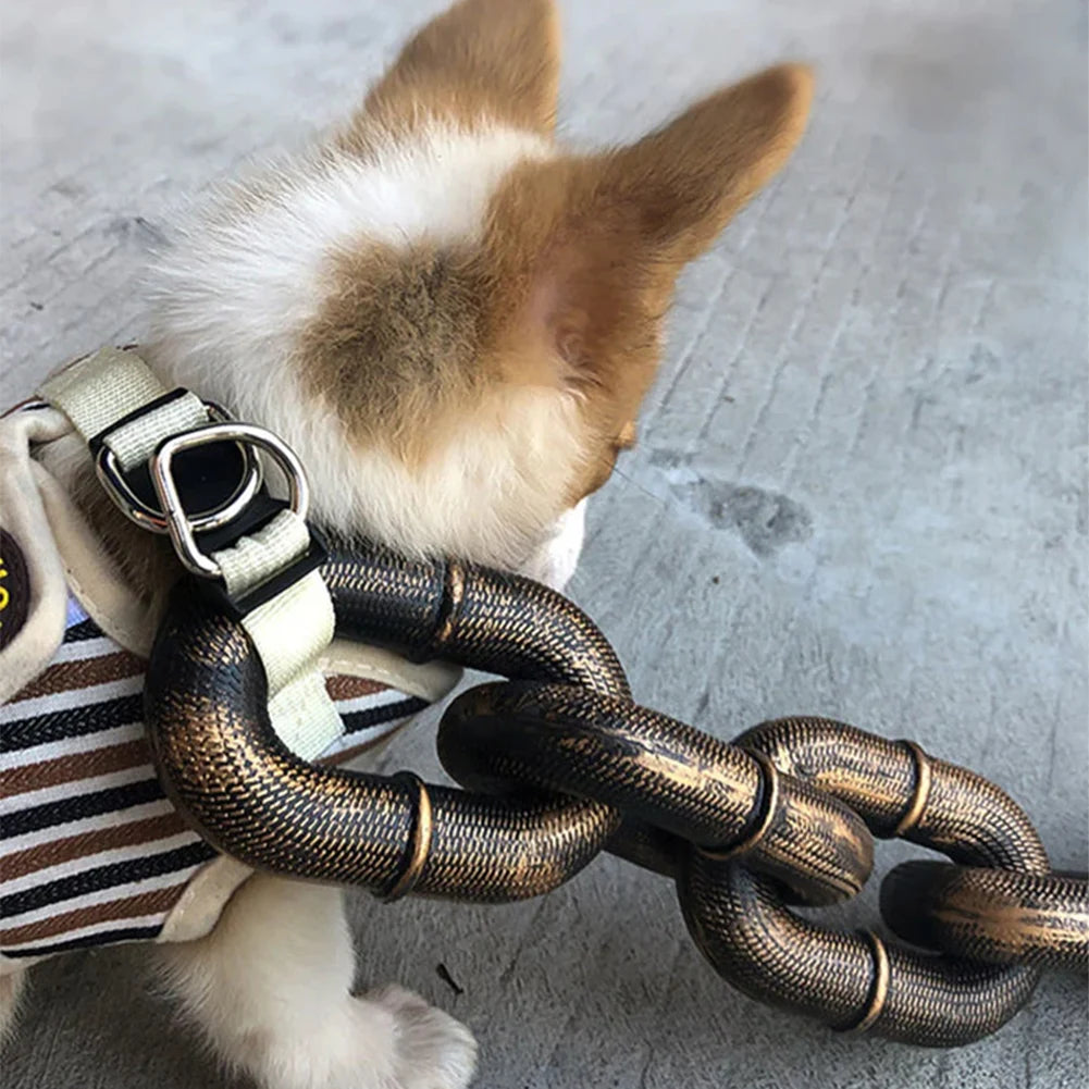 Dog wearing a realistic Halloween chain leash costume prop